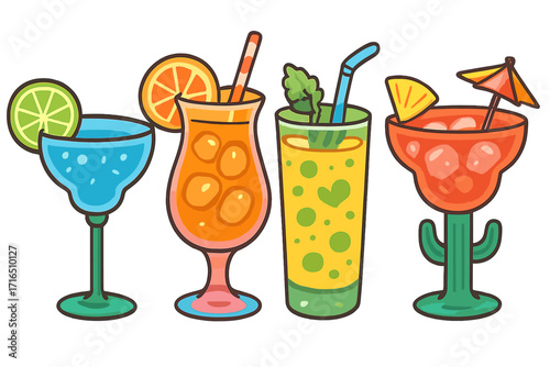 Set of cartoon cocktails. Tropical summer drinks for party. Margarita, juice, alcohol beverage in glass with fruit slice. Vector icon collection for bar menu illustration.