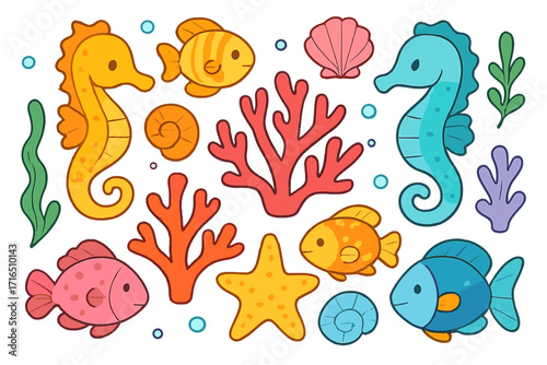 Cute sea animals collection. Cartoon vector set of colorful marine life. Ocean underwater elements with fish, seahorse, coral, shell, and starfish for kids pattern design.