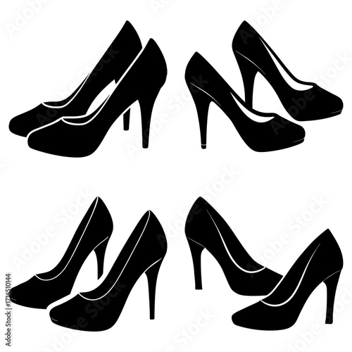 Four pairs of elegant black high heel shoes arranged in a visually appealing symmetrical composition style