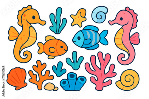 Cute sea animal cartoon vector set. Colorful marine life collection with fish, seahorse, starfish, shell, coral reef, and algae. Underwater aquatic creature illustration for kids.