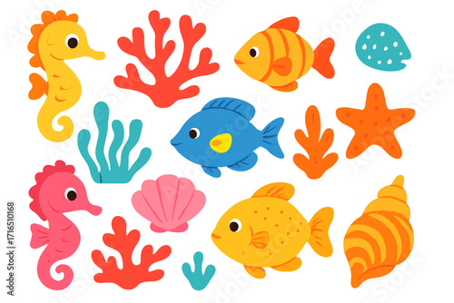 Sea animals cartoon vector set. Colorful marine life for kids. Underwater ocean fish, seahorse, coral, shell, starfish icons. Playful aquatic nature design elements.