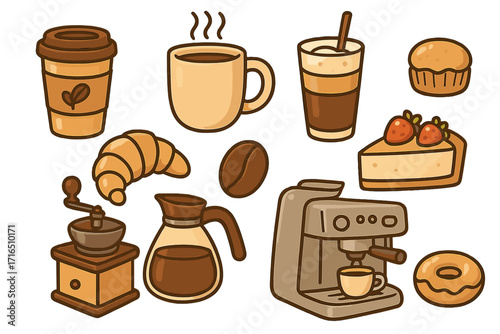 Coffee shop elements set with beverages, pastries, and equipment. Vector cartoon illustration icons for cafe menu. Includes espresso machine, croissant, donut, cake, and coffee.