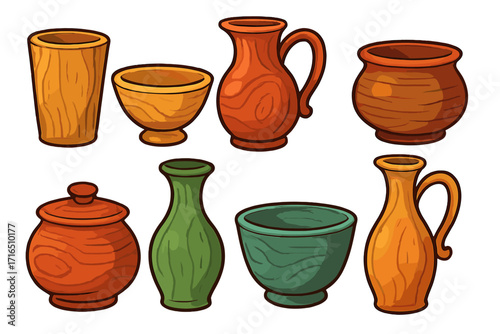 Set of colorful wooden vessels, pots, and jugs. Vector cartoon illustration of rustic handmade pottery. Ancient ceramic tableware collection with various wood textures.