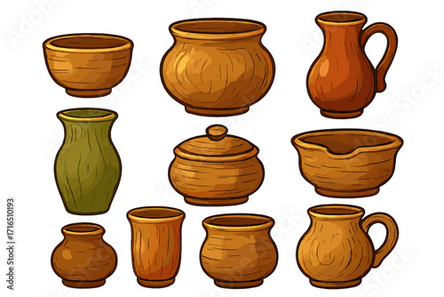 Cartoon clay pottery set. Collection of rustic ceramic tableware, vases, pots and jugs. Vector illustration of traditional brown earthenware with wood texture on white background.