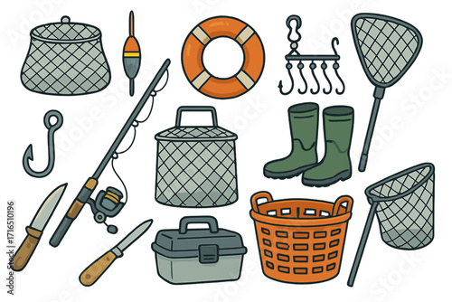 Fishing equipment and gear icon set. Vector cartoon collection of fisherman tools. Rod, reel, hook, net, boots, tackle box, and lifebuoy for fish sport or hobby.