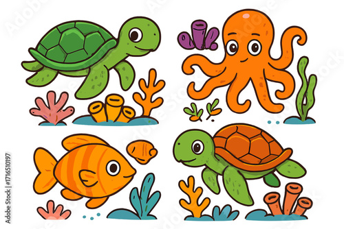 Cute sea animal cartoon vector set. Collection of funny underwater characters: turtle, octopus, fish, and coral reef elements. Adorable marine life illustrations for kids.