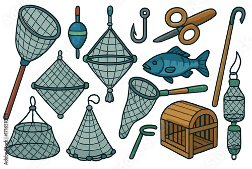 Fishing and aquaculture tools set. Vector cartoon illustration of fish, net, hook, float, cage, trap, gaff. Marine harvesting equipment collection for commercial fishery.