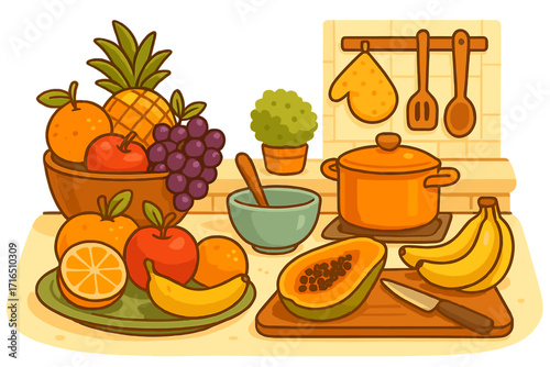 Kitchen still life with fresh fruits for healthy eating. Cooking concept with food preparation elements. Vector cartoon illustration of a cozy culinary scene, diet and nutrition.