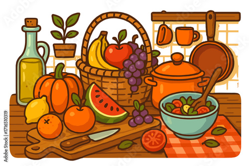 Kitchen still life with fresh organic fruits and vegetables for healthy cooking. Vector cartoon illustration of a culinary scene with a basket of food and kitchenware.