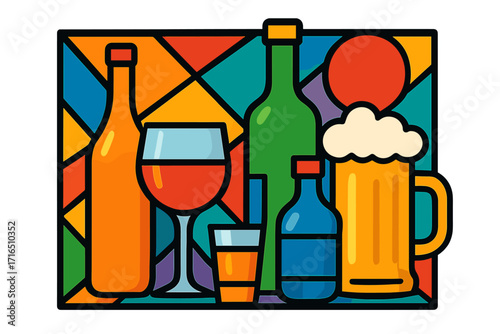 Alcoholic drinks background. Abstract bar menu concept with wine, beer, spirits. Colorful geometric vector illustration. Stained glass style mosaic of bottles and glasses.