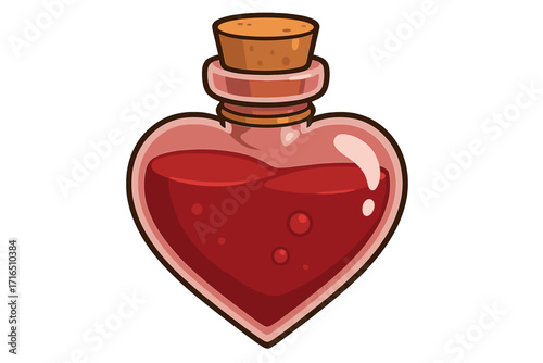 Love potion in a heart shaped bottle. Vector cartoon for Valentine's Day. Romantic elixir icon. Magic poison for fantasy game. Health or blood concept. Isolated art.