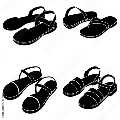 Four pairs of sandals in black and white showcasing different strap and sole designs on a white background