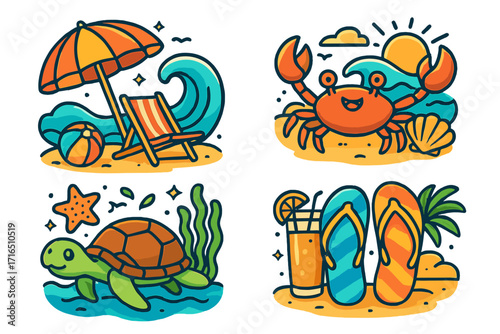 Summer beach vacation icon set. Cute cartoon vector illustrations of sea life, crab, turtle. Holiday travel leisure concept with parasol, flip-flops, cocktail on sand.