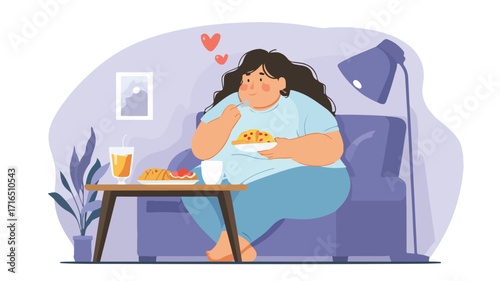 Unhealthy Eating Habits of Overweight Woman at Night - Stock Image