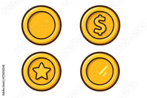 Gold coin vector icon set for game or finance app. Cartoon money illustration with dollar symbol and star for bonus or reward. Golden treasure coins for banking and business.