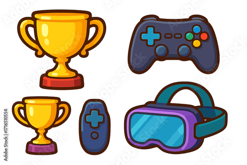 Gaming icon set vector cartoon collection. Game controller, VR glasses, trophy cup for winner. Cybersport competition, esports achievement, virtual reality entertainment.