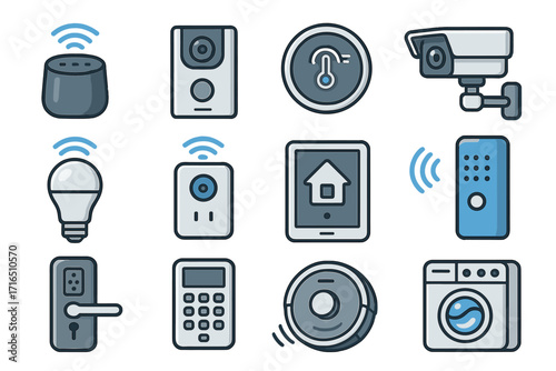Smart home icons set. Vector collection of home automation and Internet of Things devices. Modern technology for living, security, and control. Flat cartoon style illustration.