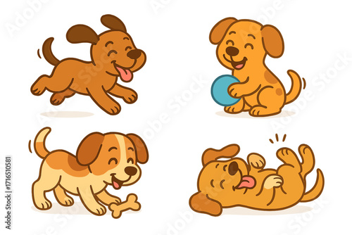 Collection of cute cartoon dogs. Set of funny puppies in playful poses. Happy pet animal running, rolling, playing with ball and bone. Adorable vector character design.