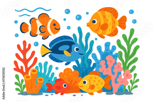 Colorful underwater scene with cute cartoon fish swimming in the sea. Vector illustration of marine life with clownfish, blue tang, coral reef, and aquatic plants. Ocean seabed.