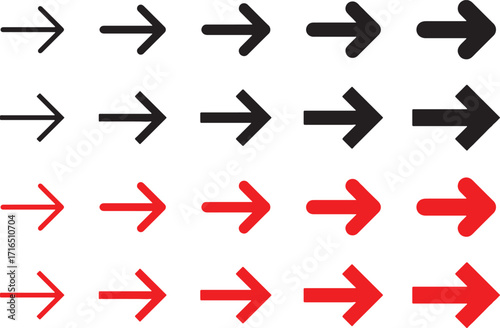 arrow, right, direction, forward, next, move, navigation, sequence, progression, black, red, white background, row, multiple, graphic, icon, symbol, design, element, interface, ui, ux, simple, clean, 
