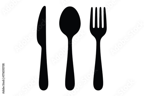 Cutlery icon with knife, fork, and spoon. Restaurant menu symbol. Kitchen utensil silhouette. Concept for food, eating, dining. Dinnerware graphic. Flat tableware vector set.