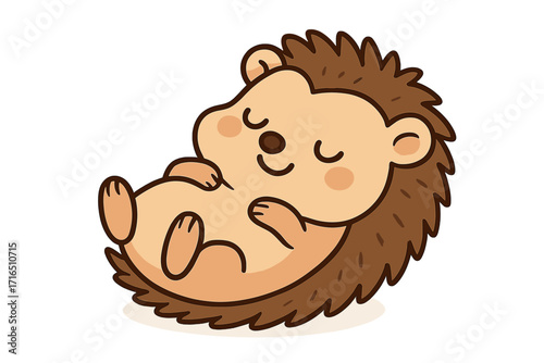Cute cartoon hedgehog sleeping peacefully. Adorable animal character resting in a relaxed pose. Sweet kawaii mascot design for kids. Simple vector illustration isolated on white.