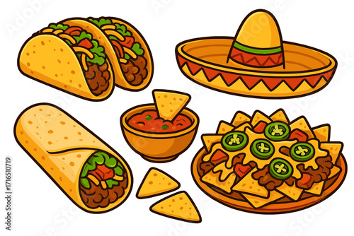 Mexican food set with tacos, burrito, nachos, and salsa. Vector cartoon illustration of Mexican cuisine elements. Sombrero hat, tortilla chips. Fast food graphic design.