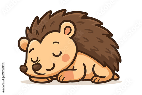 Cute cartoon hedgehog sleeping peacefully. Adorable woodland animal character resting. Kawaii vector illustration for kids. Forest wildlife mascot design in a calm, relaxed pose.