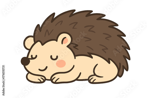 Cute cartoon hedgehog sleeping peacefully. Sweet dreams concept. Adorable animal character resting. Simple vector illustration isolated on white for kids design and prints.