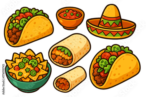 Mexican food set cartoon vector. Tacos, burritos, nachos, and salsa illustration. Fast food icon collection for restaurant menu, logo, sticker or a Cinco de Mayo party.