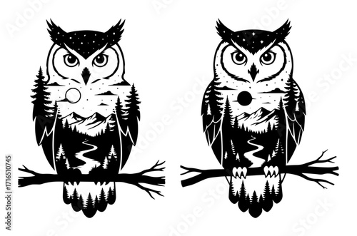 Double Exposure Owl with Mountain and Forest Landscape black shape vector laser cutting engraving monochrome print
