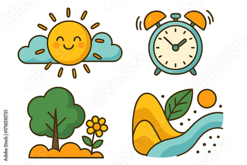 Cute cartoon nature icon set. Happy smiling sun, ringing alarm clock, summer tree and flower. Abstract landscape with river. Morning wake up, time and weather vector concept.