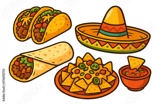 Mexican food vector icon set. Tacos, burrito, nachos with cheese, and salsa. Cartoon illustration for restaurant menu, Cinco de Mayo, or festival design element. Sombrero hat.