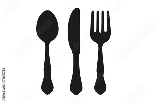 Cutlery icon set with fork, spoon, and knife. Black silhouette of flatware for a restaurant menu or dinner concept. Vector graphic illustration for food and dining.