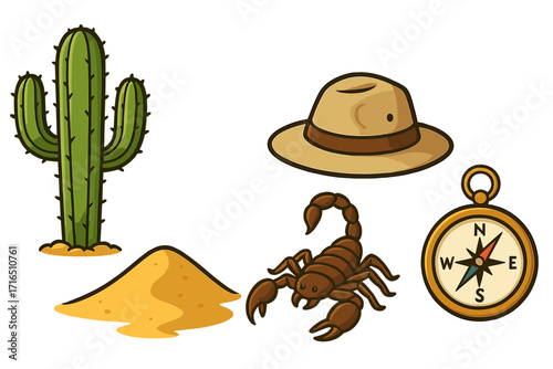 Desert adventure elements set with cactus, scorpion, sand, safari hat, and compass. Vector cartoon illustration for exploration, travel, wildlife, and expedition concepts.