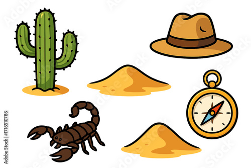 Desert adventure elements collection. Vector cartoon icon set for exploration, travel, survival. Wild west journey concept with cactus, scorpion, sand dune, safari hat, compass.