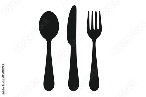 Cutlery icon set with fork, knife, and spoon. Black silhouette vector illustration for food, dining, and restaurant concepts. Kitchen utensil and tableware graphic element.