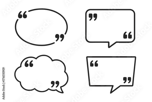 Collection of diverse speech bubble designs and quote mark frames. Simple vector line art for comments, dialogue, testimonials and messages. Blank chat box templates set.