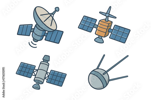 Cartoon satellite vector set for communication, navigation, research. Space technology icon collection. GPS, broadcast signal, sputnik, and orbit exploration illustration.