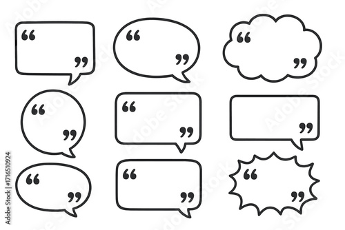 Quote speech bubble set. Quotation mark icon. Comic text box collection. Message frame for comment, dialog, feedback. Citation template. Empty talk balloon. Vector graphic.