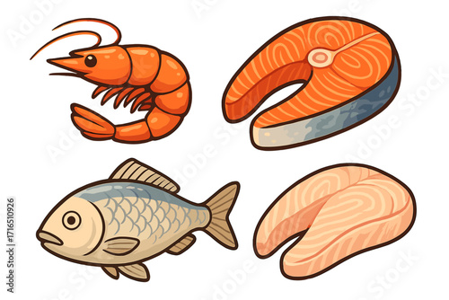 Seafood set vector cartoon illustration. Raw fresh fish, salmon steak, shrimp and fillet. Healthy food, diet protein. Concept for restaurant menu, market or cooking ingredient.