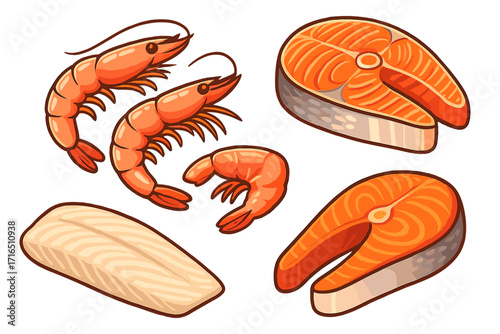 Vector set of fresh seafood. Cartoon illustration of raw salmon steak, fish fillet and shrimp. Healthy food ingredients for cooking, restaurant menu or fish market design.