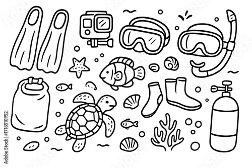 Diving and snorkeling doodle set. Underwater adventure essentials. Sea life icons collection. Hand drawn vector line art of turtle, fish, fins, mask, scuba tank, camera.