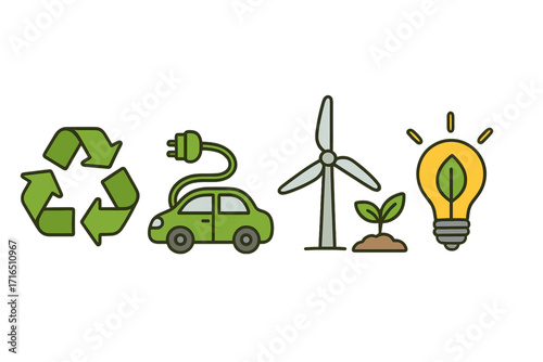 Eco friendly icon set for energy conservation and renewable resources. Green energy concepts with recycling symbol, electric car, wind turbine, and plant lightbulb vector.