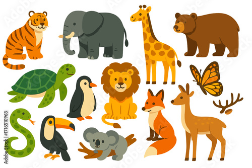 Cute cartoon animal collection. Big set of funny wildlife and zoo characters. Lion, tiger, elephant, giraffe, bear, fox, deer, koala. Vector illustration for kids.