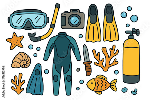Diving and snorkeling doodle set. Underwater adventure essentials. Vector cartoon icon collection with wetsuit, mask, flippers, scuba tank, camera, fish, coral and sea life.