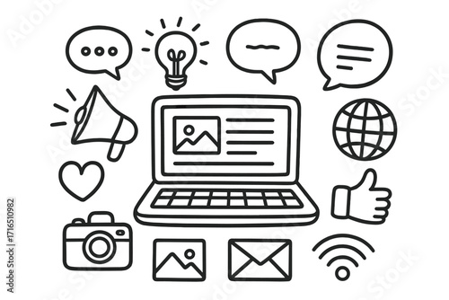 Blogging and social media marketing doodle icon set. Hand-drawn vector illustration with laptop, communication elements, like, camera, and content creation symbols. Line art.