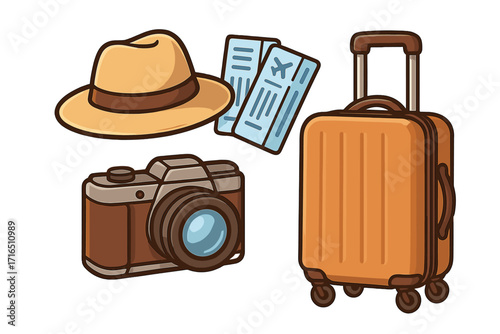 Travel essentials vector icon set for vacation and adventure. Includes luggage, airline tickets, photo camera, and hat. Journey and tourism concept flat cartoon illustration.