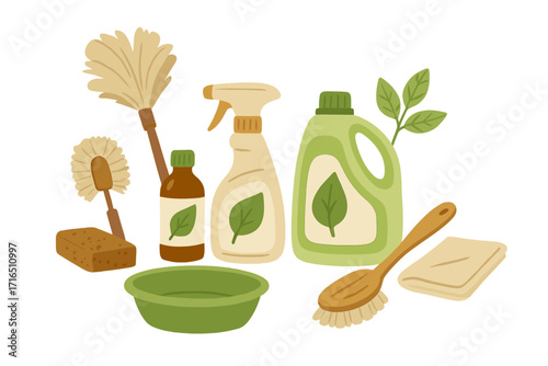 Eco-friendly cleaning supplies for a sustainable household. Green cleaning concept with natural products. Zero waste home vector illustration set with detergent, brush, and spray.