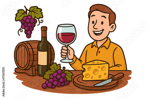 Wine and cheese tasting concept. Happy man holding a glass of red wine with grapes, bottle, and barrel. Gourmet food pairing appetizer. Vector cartoon character illustration.